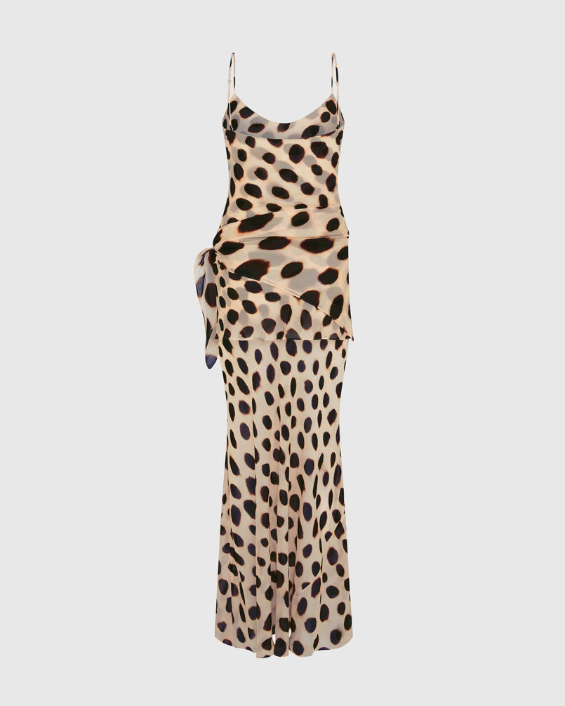 Spot Tie-Waist Slip Maxi Dress. Chic sarong-style hip tie, and a bold oversized animal print—perfect for island nights and glamorous sunset dinners.