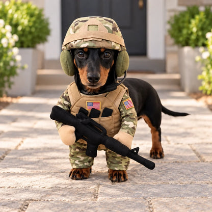 🐶 Doggy Soldier Costume Set – 🪖 Tactical Dog Outfit with Helmet & Toy Rifle