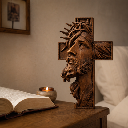 Jesus Crown of Thorns Beechwood Cross - size and finish detail