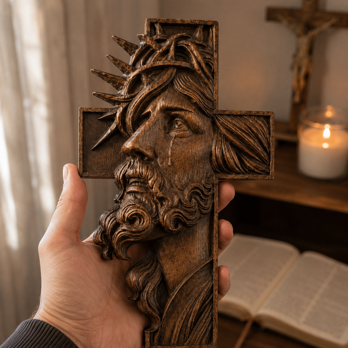 Hand-Carved Beechwood Jesus Crown of Thorns Cross – Christian Wall Art