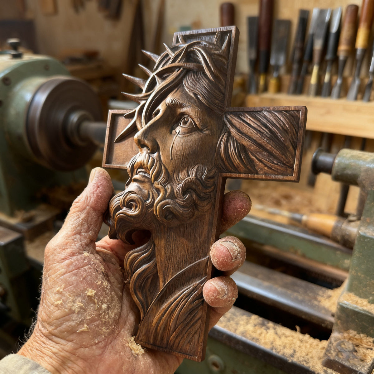 Jesus Crown of Thorns Beechwood Cross - size and finish detail