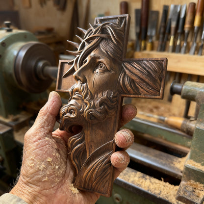 Jesus Crown of Thorns Beechwood Cross - size and finish detail