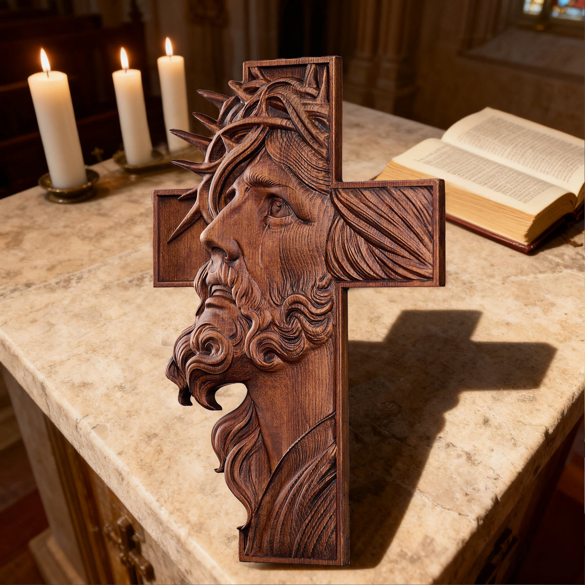 Jesus Crown of Thorns Beechwood Cross - design detail