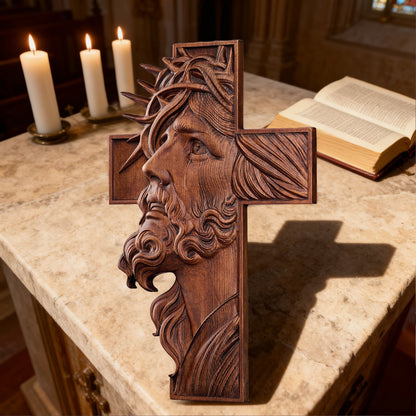 Jesus Crown of Thorns Beechwood Cross - design detail