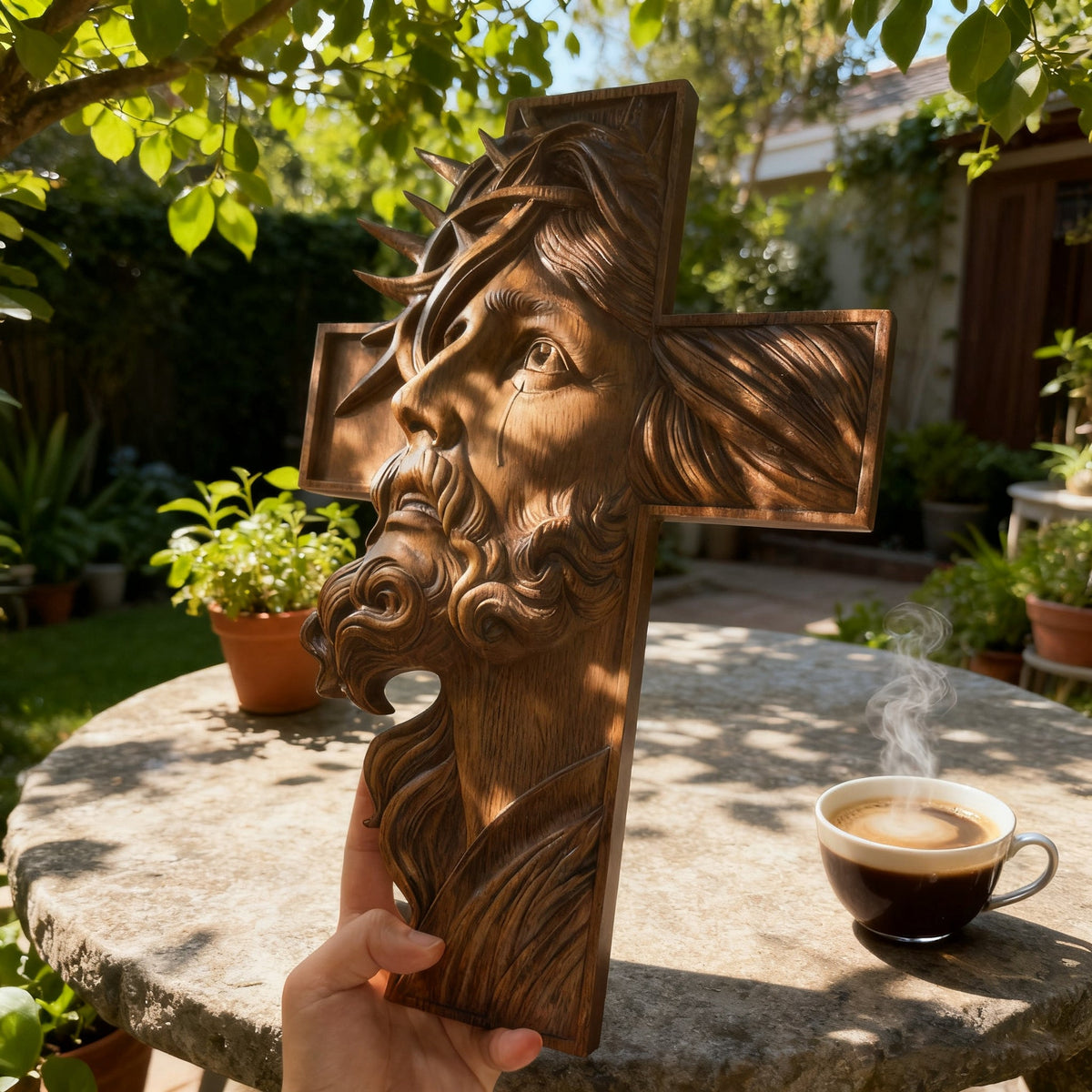 Jesus Crown of Thorns Beechwood Cross - product view
