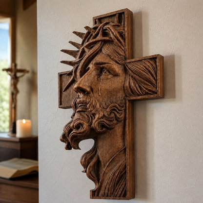 Hand-Carved Beechwood Jesus Crown of Thorns Cross – Christian Wall Art
