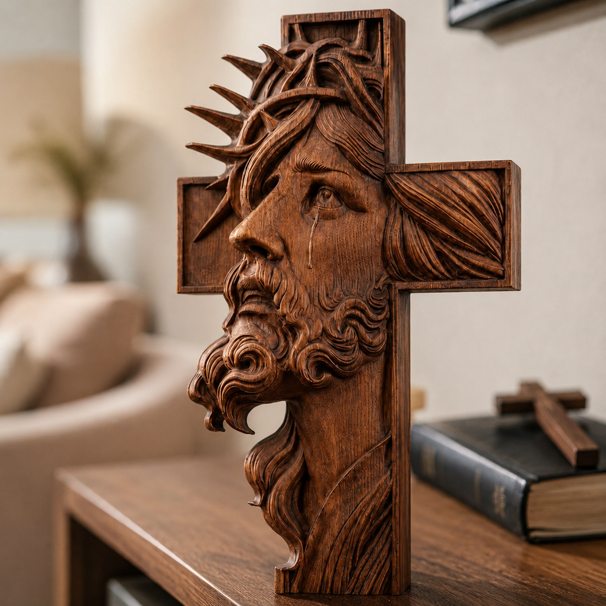 Jesus Crown of Thorns Beechwood Cross - gift presentation