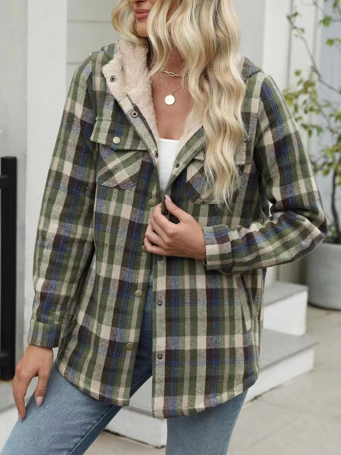 🐻Plush Check Print Hooded Coat