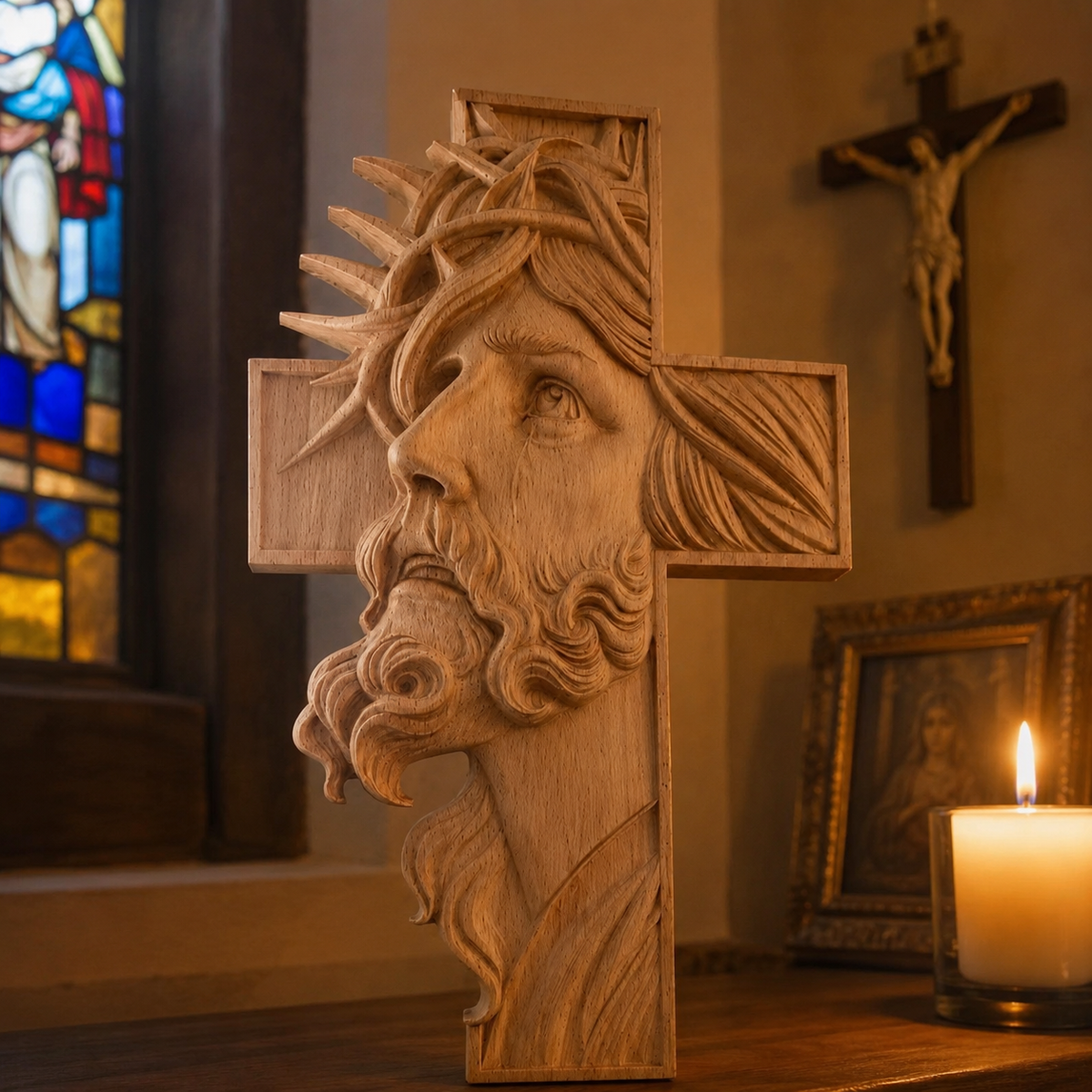 Hand-Carved Beechwood Jesus Crown of Thorns Cross – Christian Wall Art