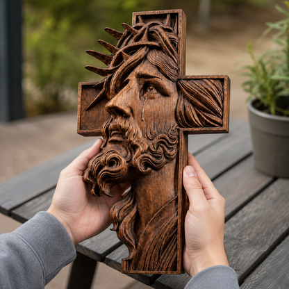 Jesus Crown of Thorns Beechwood Cross - side view