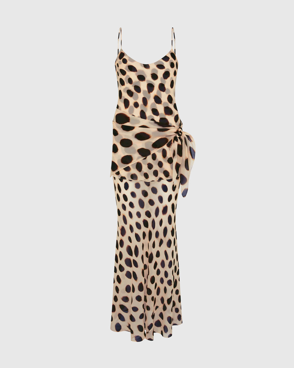 Spot Tie-Waist Slip Maxi Dress. Chic sarong-style hip tie, and a bold oversized animal print—perfect for island nights and glamorous sunset dinners.