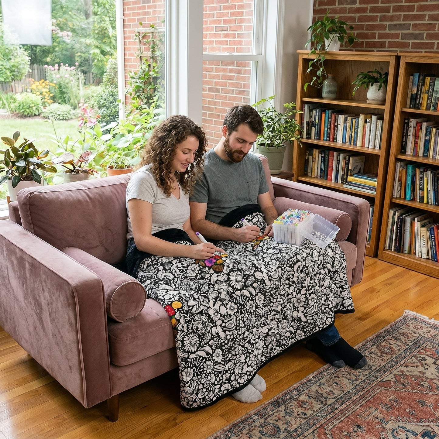 Two adults coloring a reusable blanket during a cozy night in
