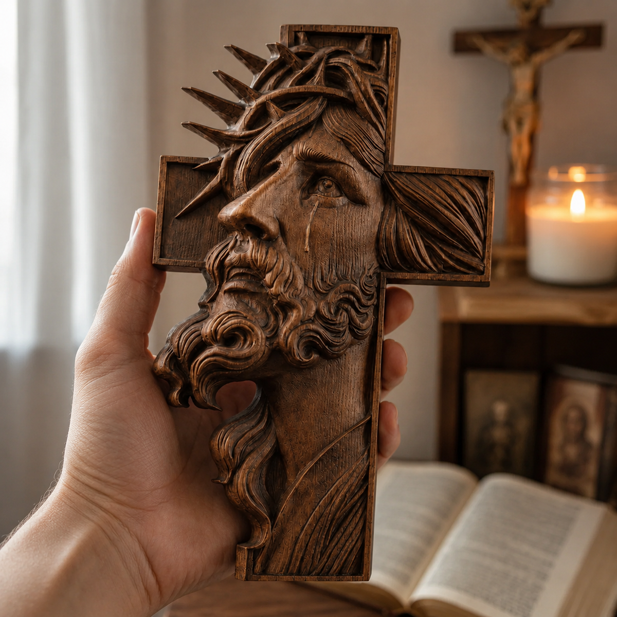 Jesus Crown of Thorns Beechwood Cross - design detail
