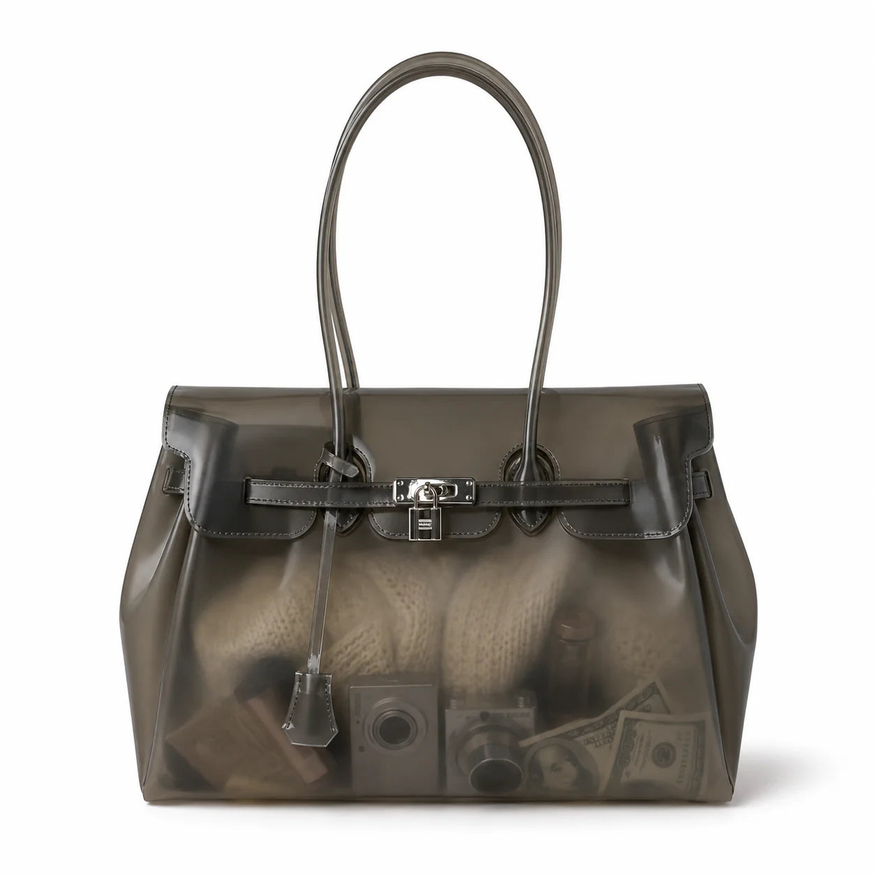 Glossy black jelly tote bag in high-shine translucent TPU