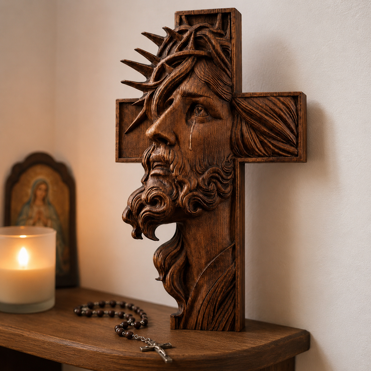 Handcrafted Beechwood Cross: Jesus with the Crown of Thorns for Christian home decor and prayer spaces