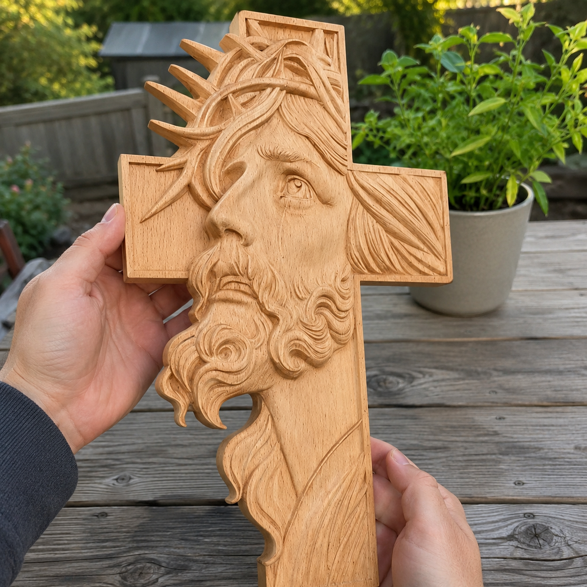 Jesus Crown of Thorns Beechwood Cross - design detail