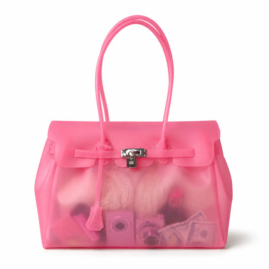 Frosted hot pink jelly tote bag with structured shape and belted straps