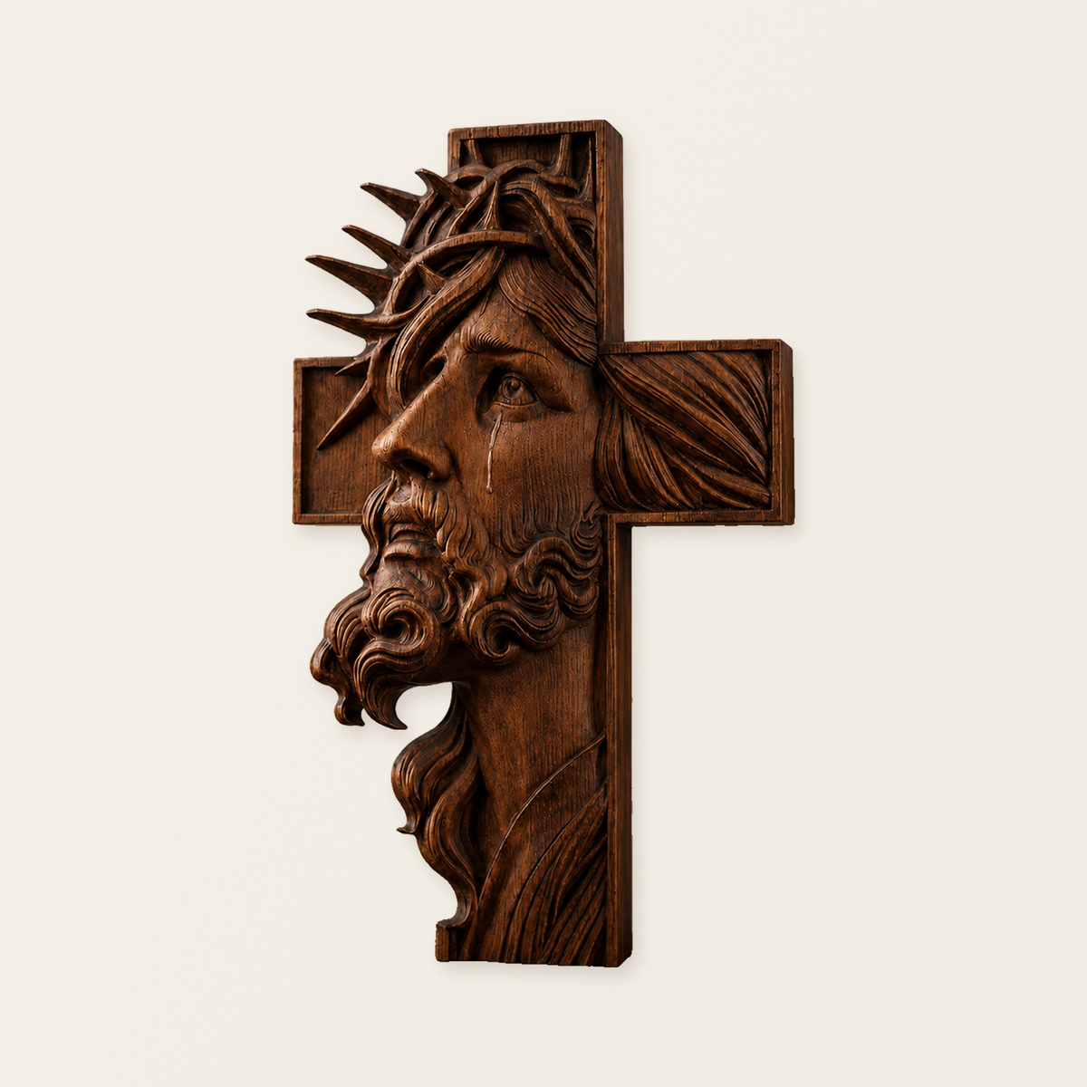 Hand-Carved Beechwood Jesus Crown of Thorns Cross – Christian Wall Art