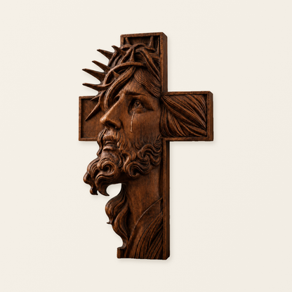 Hand-Carved Beechwood Jesus Crown of Thorns Cross – Christian Wall Art