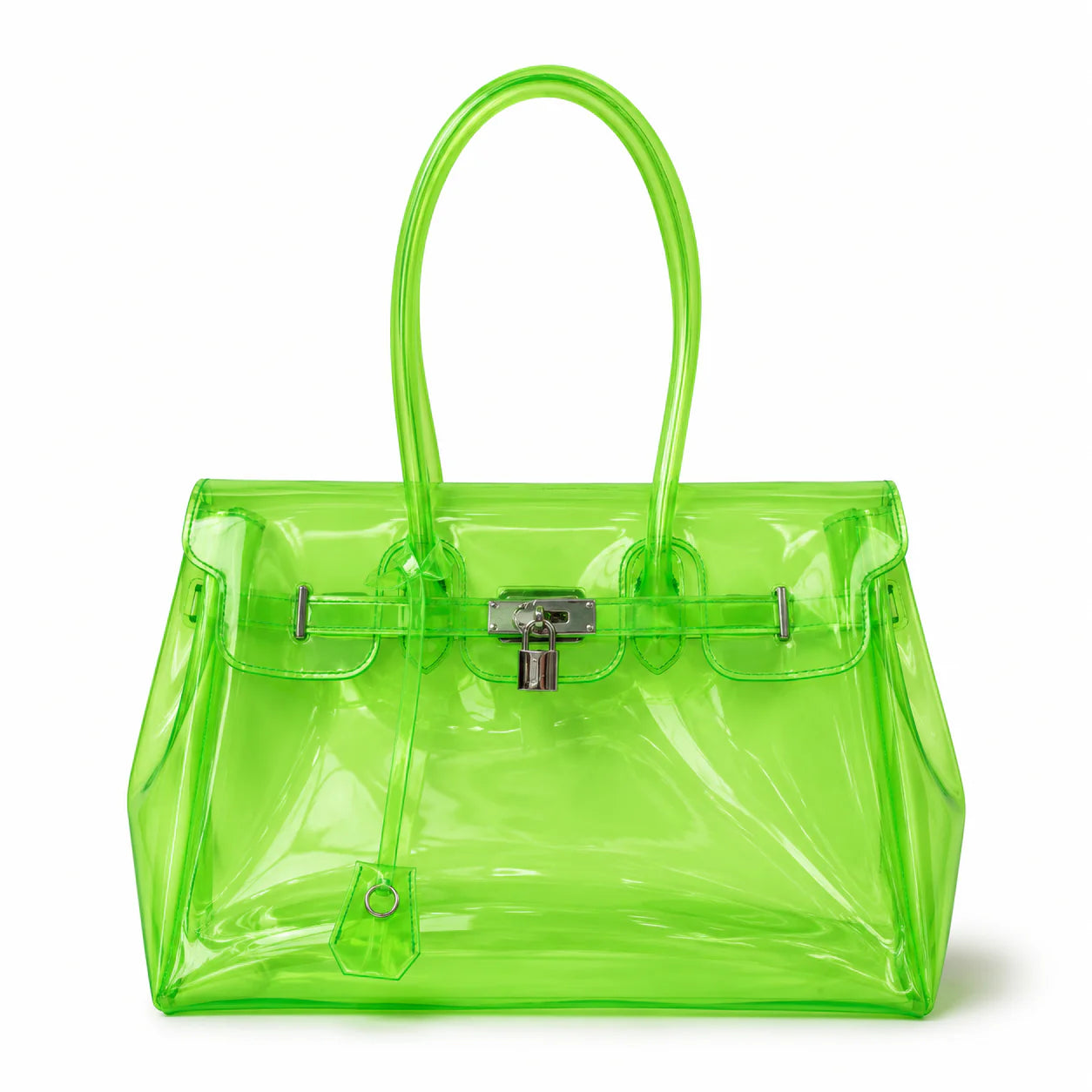 Glossy neon green jelly tote bag with high-shine candy finish