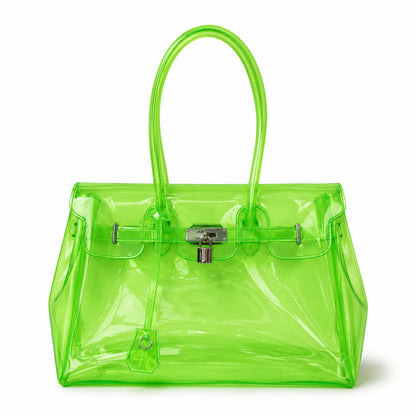 Glossy neon green jelly tote bag with high-shine candy finish