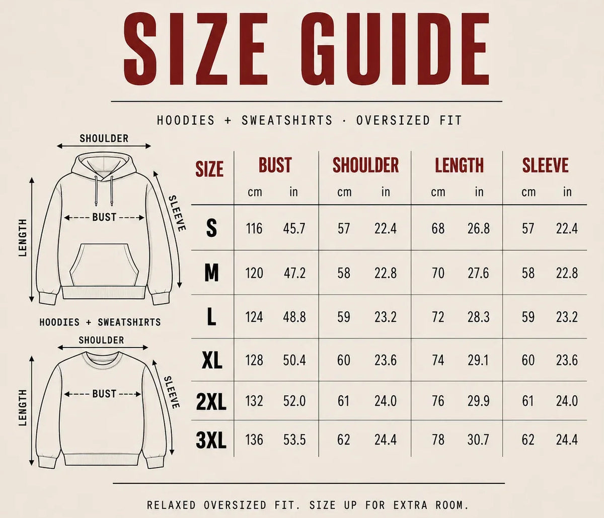 NOFLTRS Hoodies & Sweatshirts Size Chart