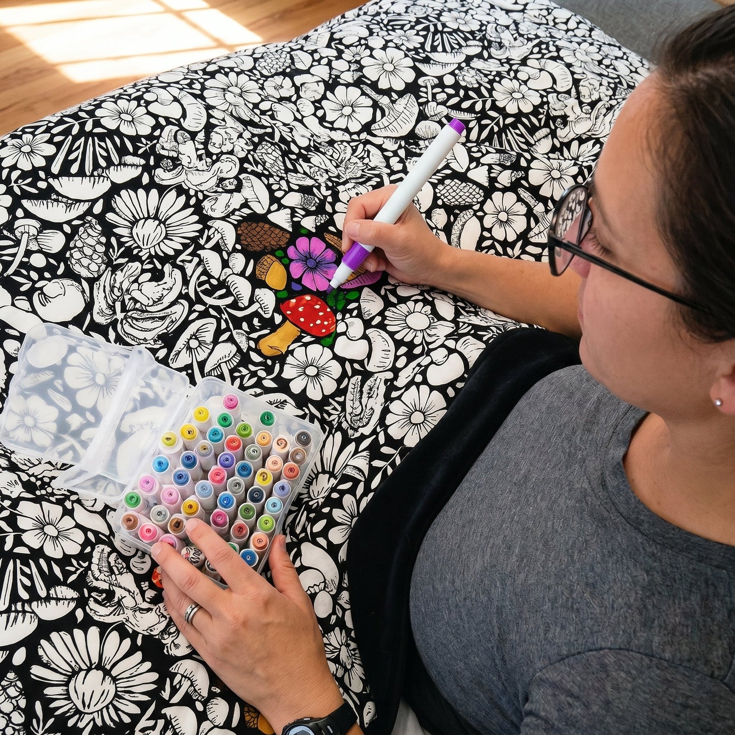Close-up of the soft, cozy fabric of the reusable coloring blanket