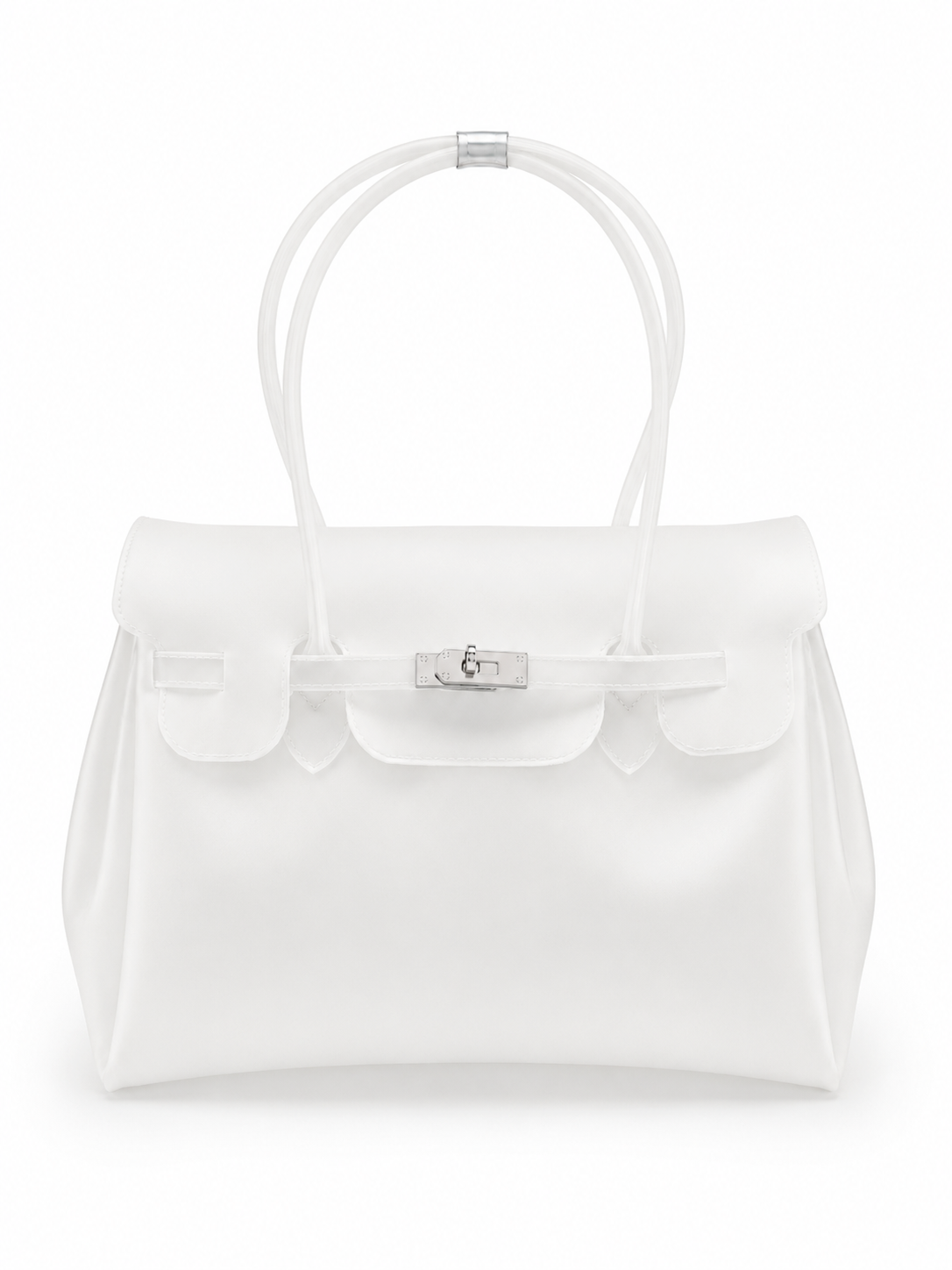 Frosted white jelly tote bag with lock hardware and top handles
