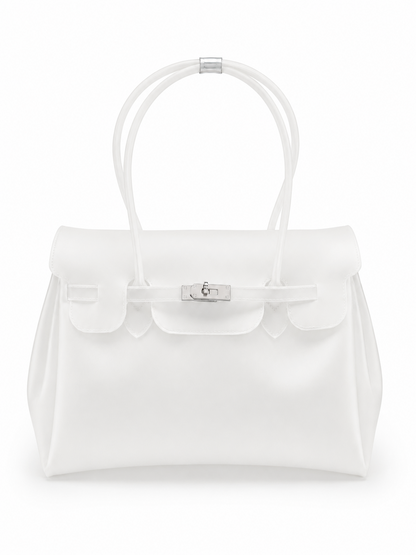 Frosted white jelly tote bag with lock hardware and top handles